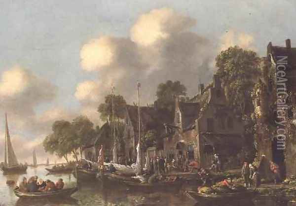 A river landscape with boats and figures by a tavern Oil Painting - Thomas Heeremans