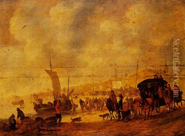 A Beach Scene With Fishermen Unloading Their Catch, And A Horse-drawn Carriage To The Right Oil Painting - Pieter Bout