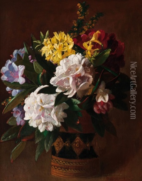 Vase With Rhododendrons Oil Painting - Charles Frederick Hurten