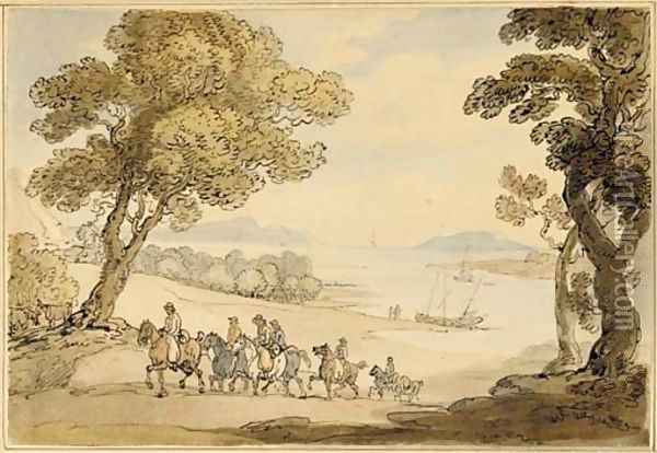 Riders ascending a hill above an estuary Oil Painting - Thomas Rowlandson