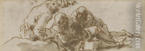Three Men In A Landscape Pen And Brown Ink, Brown Wash 1Â¾ X 4Â¼ In Oil Painting - Salvator Rosa