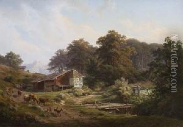 Bauernhaus In
 Gebirgslandschaft. Oil Painting - Georg Haeselich