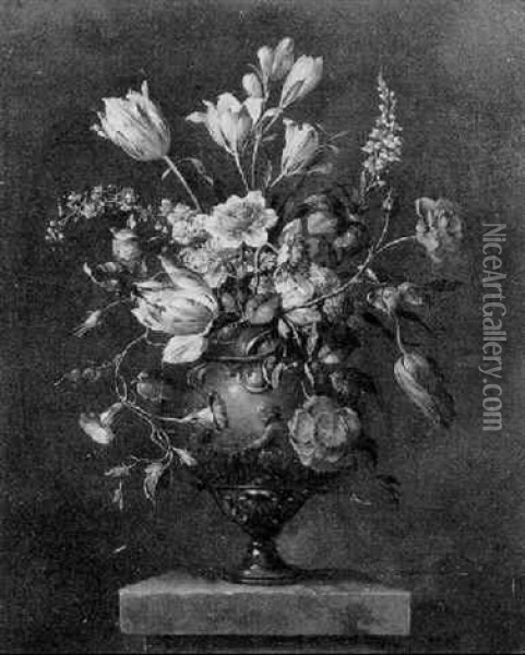 Flowers In A Sculpted Vase On A Pedestal Oil Painting - Jean-Baptiste Monnoyer