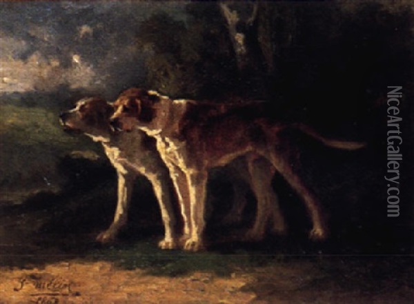 Zwei Witternde Jagdhunde Am Waldrand Oil Painting - Joseph Urbain Melin