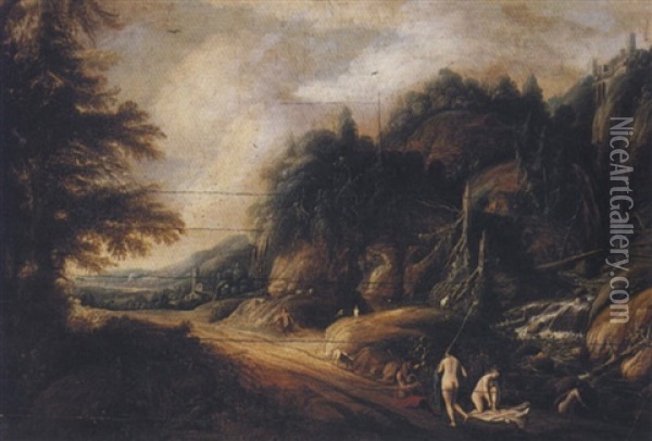 Landscape With Satyrs And Nymphs Bathing Oil Painting - Dirk Dalens the Elder