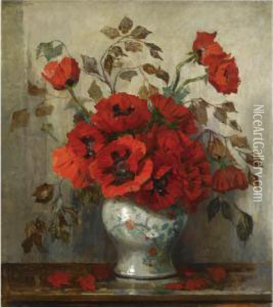 A Still Life With Poppies In A Vase Oil Painting - Jeannette Slager