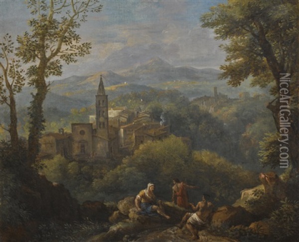 Italianate Landscape With Three Figures In The Foreground, Hilltop Villages And A Church Beyond Oil Painting - Jan Frans van Bloemen