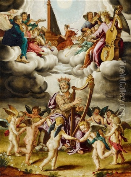 King David With Harp And Music Playing Angels Oil Painting - Peter de Witte the Elder