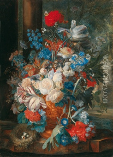 Prunkstilleben, Ein Blumenstraus In Einer Ornamental Verzierten Tonvase Oil Painting - Jan Van Huysum