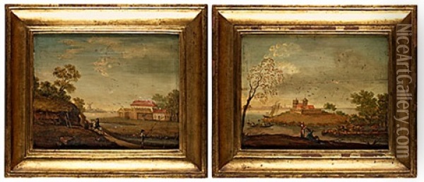 Landskap Med Byggnader Och Figurer (pair) Oil Painting - Bernhard Gottfried Manskirch