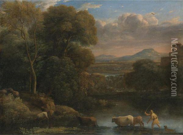 An Italianate Landscape With A 
Drover And His Dog Driving Hiscattle Across A Ford, A Waterfall Beyond Oil Painting - Claude Lorrain (Gellee)