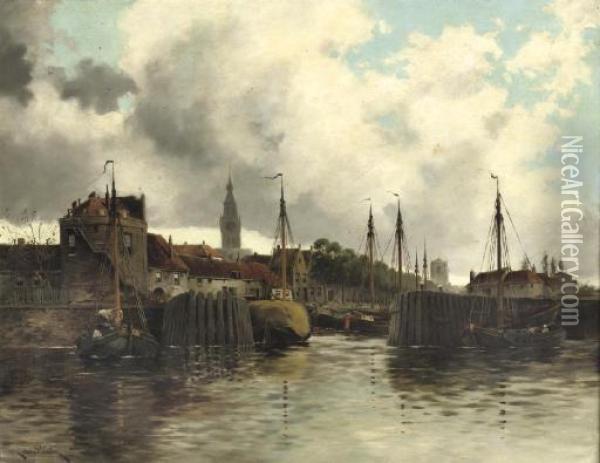 A View Of Veere Harbour Oil Painting - Hermanus Jr. Koekkoek