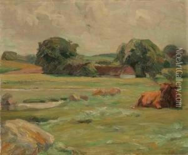 Cow Resting In Pastoral Landscape-1923 Oil Painting - Gotfred Rode