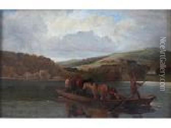 Lake Landscape: Men And Animals On A Small Ferry Oil Painting - John Linnell