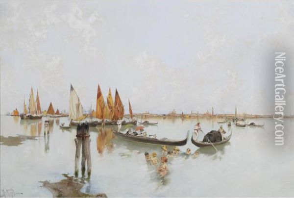 At Venice With Urchins Swimming Oil Painting - Raffaele Mainella