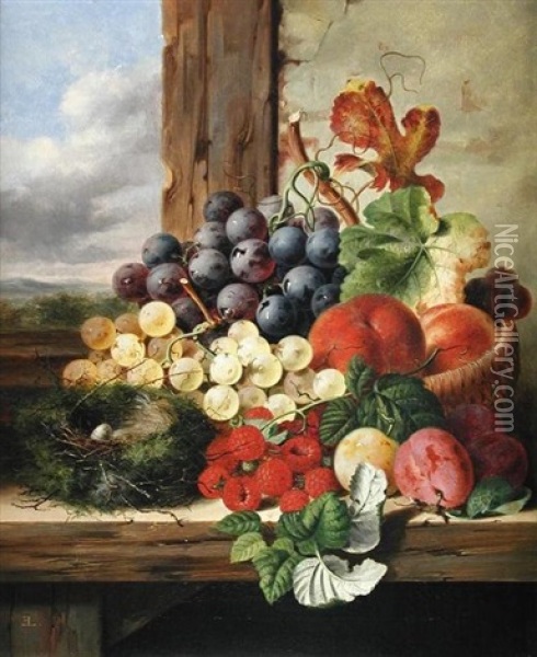 A Still Life Of A Bird's Nest, Graps, Raspberries, And Peaches On A Ledge Oil Painting - Edward Ladell