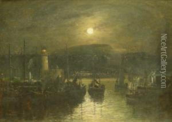 Scarboough Harbour By Moonlight Oil Painting - Walter Meegan