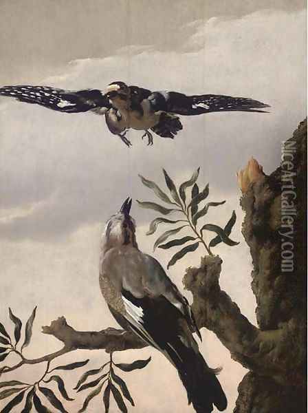 A jay perched on a tree stump and a lapwing flying above Oil Painting - Melchior de Hondecoeter