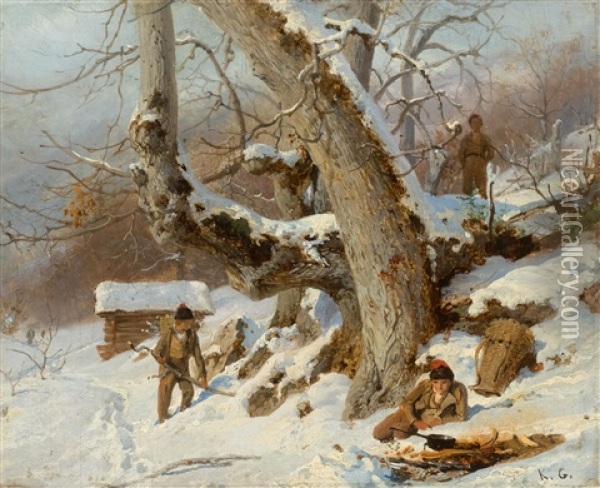 Winter Landscape With A Boy By A Fire Oil Painting - Karl Girardet