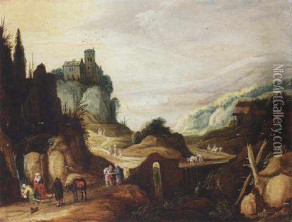 An Extensive Mountain Landscape With Travellers Drinking From A Stream, A Bridge Beyond Oil Painting - Joos de Momper the Younger