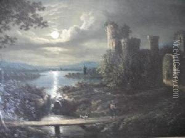 Extensive Moonlit Landscape With Ruined Castle By A Lake Oil Painting - Sebastian Pether
