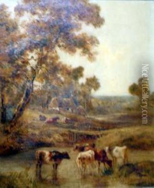 L On Canvas Cattle Watering In A Landscape Signed 12 X 10in Oil Painting - Henry Earp