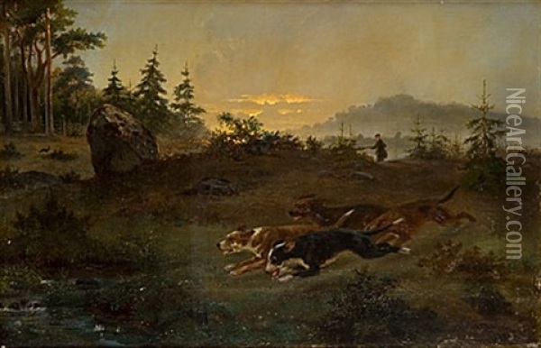 Jakthundar Oil Painting - Bengt-Johan-Gustaf Brandelius