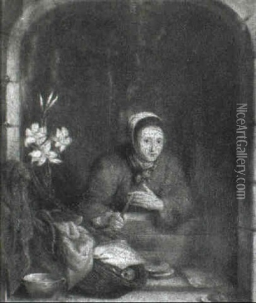 Fishwife, Holding Knife, Seen From A Casement Window Oil Painting - Gerrit Dou