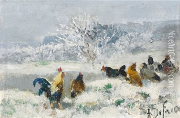 Huhnerschar Im Schnee Oil Painting - Alexandre Defaux