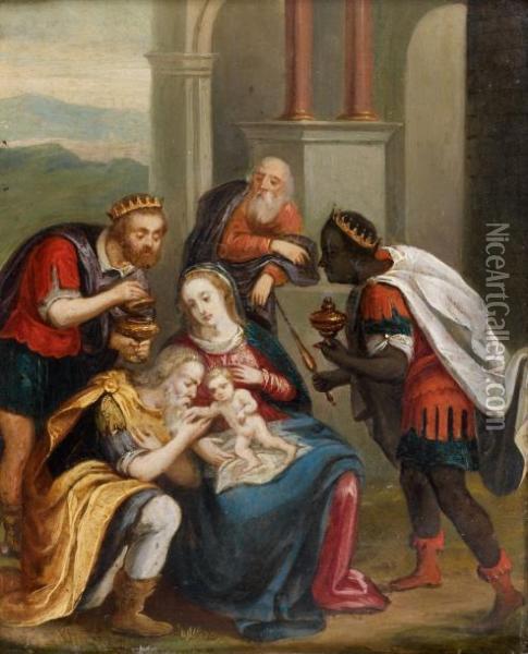 Adoration Des Mages Cuivre Au Revers Oil Painting - Ambrosius Francken I