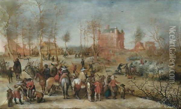 A Winter Landscape With Soldiers Defending A Town Oil Painting - Pieter Snayers