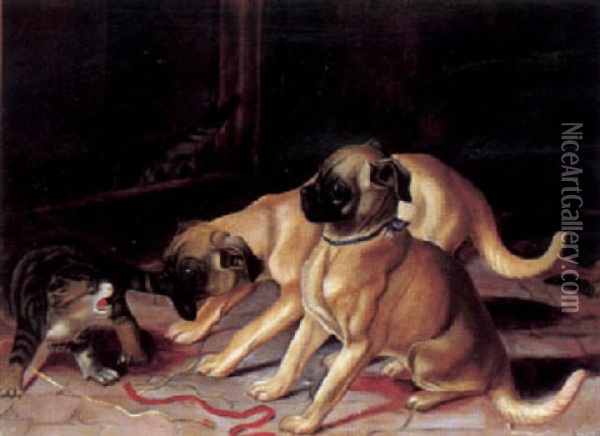 Zwei Hunde Streiten Mit Einer Katze Oil Painting - William Frank Calderon