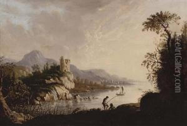 River Landscape With Fishermen In The Foreground, A Castle Beyond Oil Painting - Abraham Pether