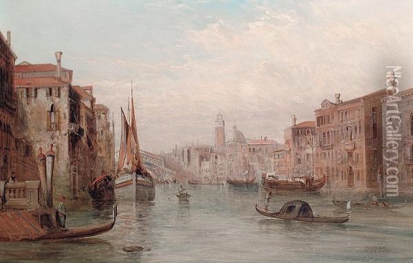 The Grand Canal, The Rialto Bridge In The Distance Oil Painting - Alfred Pollentine