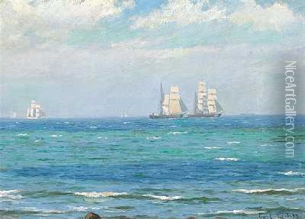 En Tomastet Bark Og En Barkentine Pa Havet Oil Painting - Carl Ludvig Thilson Locher