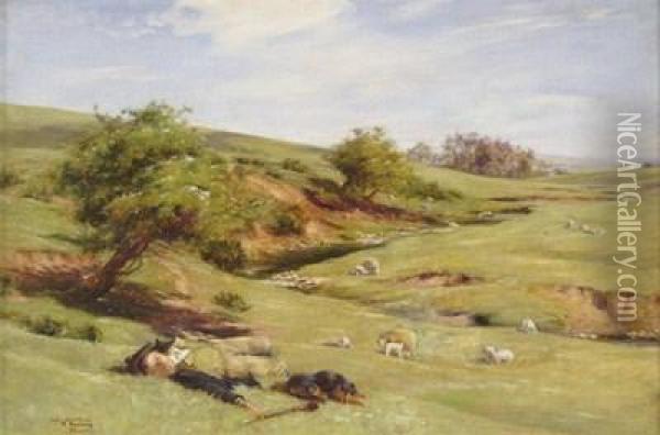 A Shepherd And Sheepdog Resting In A Moorland River Landscape Oil Painting - Charles Martin Hardie