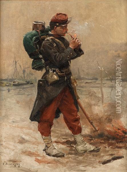 A French Infantryman On Guard Duty Lighting Apipe Oil Painting - Paul Emile Boutigny