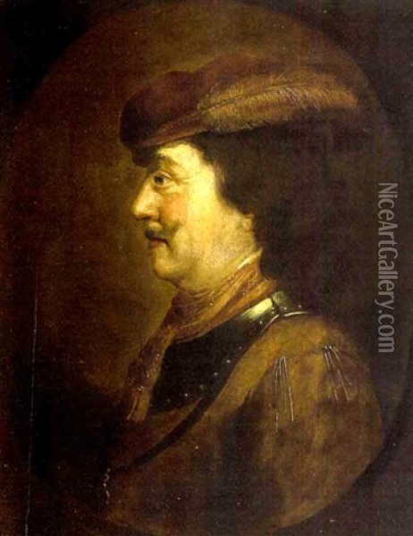 A Portrait Of A Gentleman Wearing A Feathered Cap Oil Painting - Jacob Adriaensz de Backer