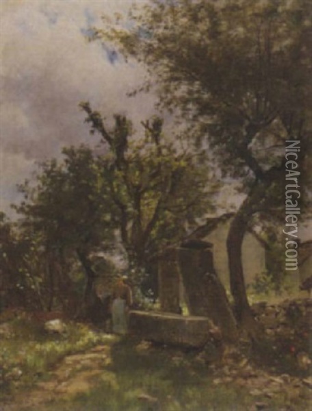 Sicht Auf Garten Mit Frau Am Brunnen Oil Painting - Charles Joseph Beauverie