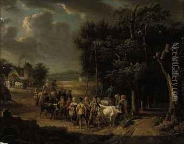 A Wooded Landscape With Officers On Horseback, Cattle, And Figures Conversing On A Track Oil Painting - Jean Louis (Marnette) De Marne