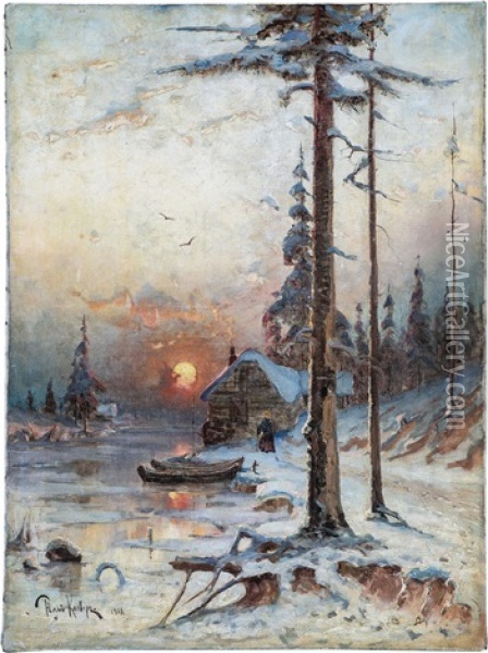 Winterliche Waldlandschaft Im Abendrot Oil Painting - Yuliy Yulevich (Julius) Klever