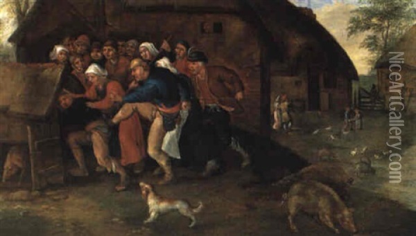 Der Trunkenbold Wird In Den Schweinestall Gestosen Oil Painting - Marten van Cleve the Younger