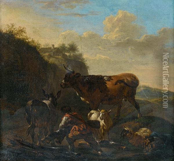 A Figure Collecting Wood With A Donkey, Sheepand Cattle In A Landscape Oil Painting - Abraham Jansz Begeyn
