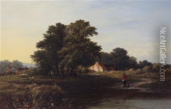 River Landscape With Figure At A Ford And Sheep Beyond Oil Painting - Walter Heath Williams