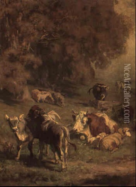 Kuhe Und Schafe Auf Der Weide Oil Painting - Johann Rudolf Koller