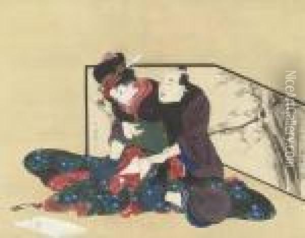 Man Seducing A Young Woman Oil Painting - Kitagawa Utamaro