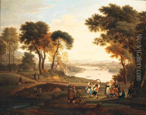A Classical Landscape With Dancing Peasants Oil Painting - Josef Rebell