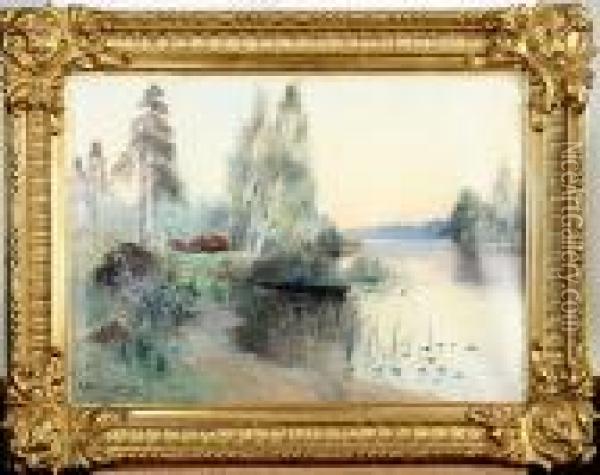 Insjolandskap Med Fiskare Oil Painting - Carl Brandt