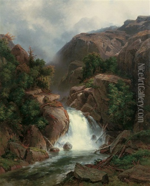 Wasserfall An Der Via Mala Oil Painting - Johann Wilhelm Lindlar