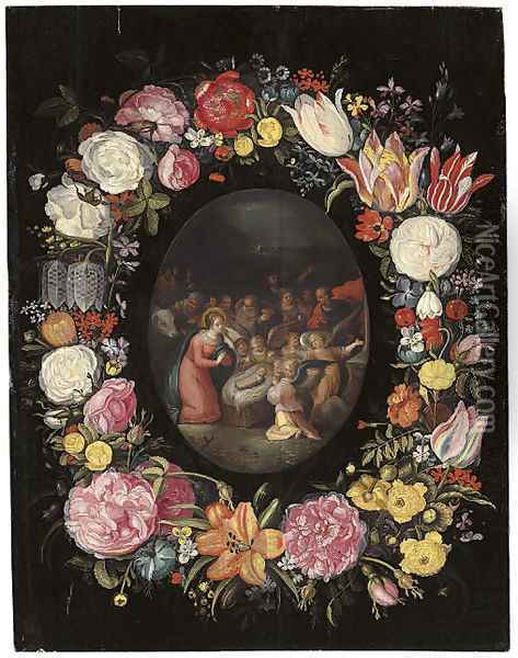 The Adoration of the Shepherds surrounded by a floral garland Oil Painting - Frans II Francken